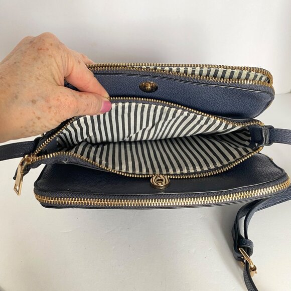 Navy Blue Pleather Crossbody Purse Multi Section Adj Strap Gold Tone Zippers - Picture 7 of 14